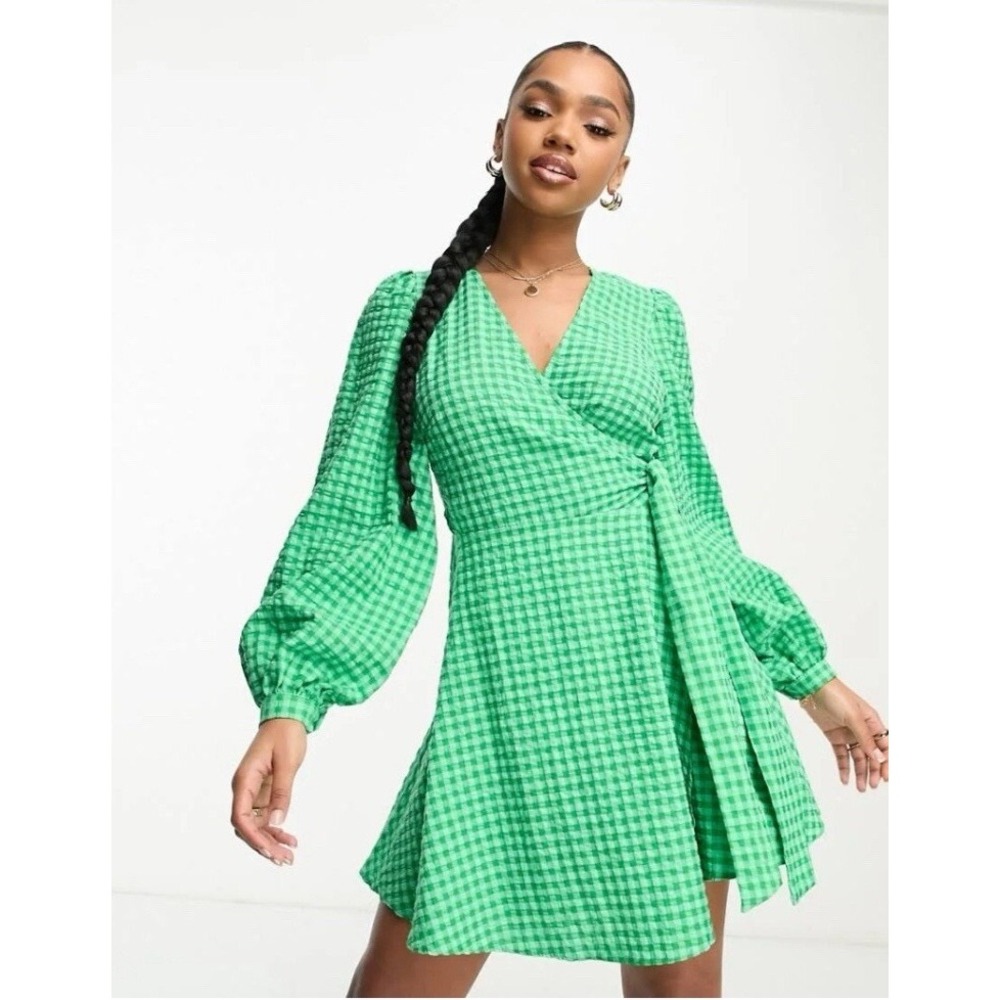 Nobody's Child Wrap Dress 4 Green Gingham Balloon Mini Tie Waist Seersucker